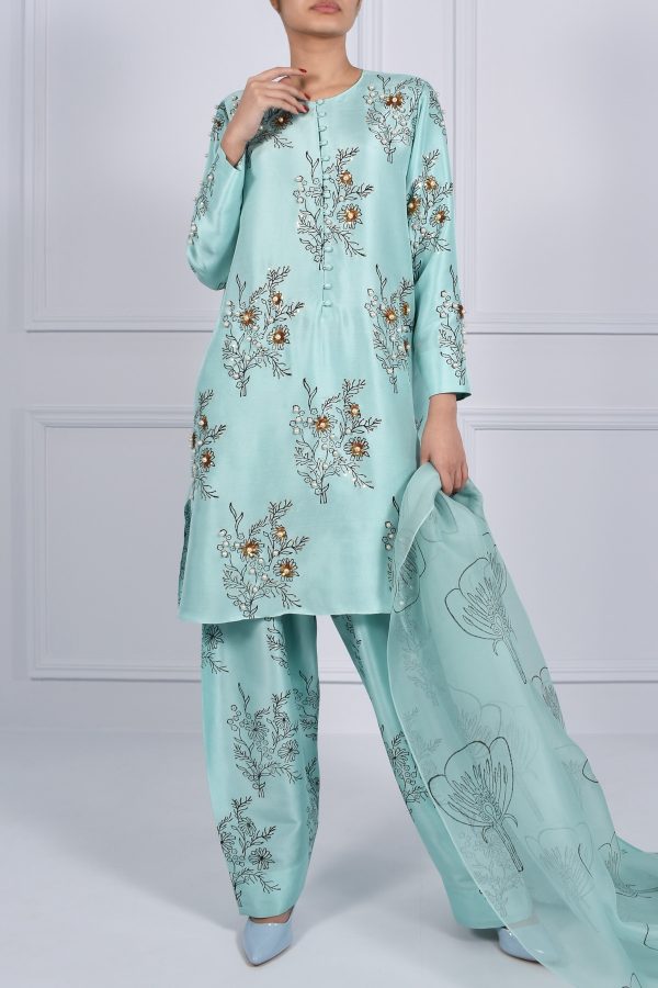 Ice Green Block Print Embellished Raw Silk Tunic Set