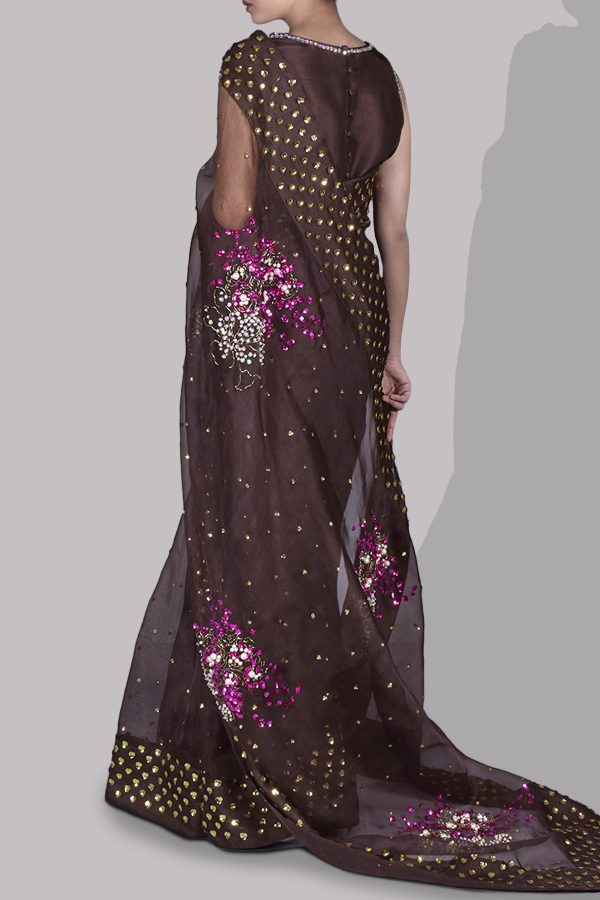 French Roast Embellished Organza Sari - Image 2