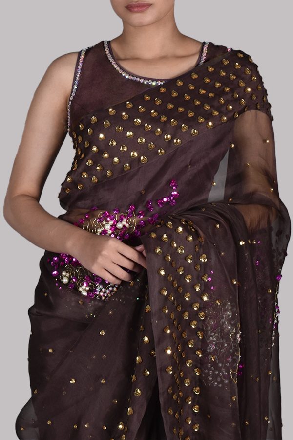 French Roast Embellished Organza Sari - Image 3