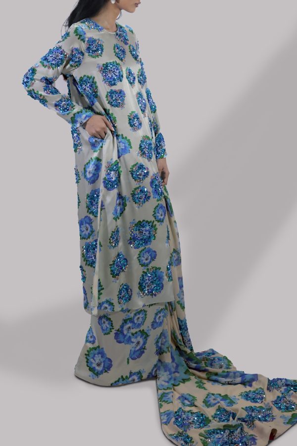 Jadeite & Blue Digital Print Satin Silk Set - Image 2