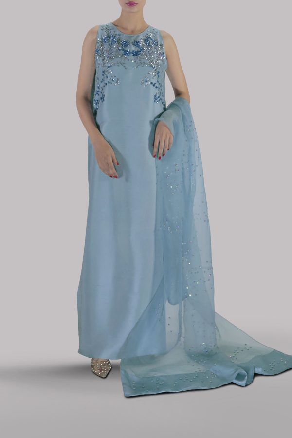 Porcelain Blue Embellished Raw Silk Maxi Set