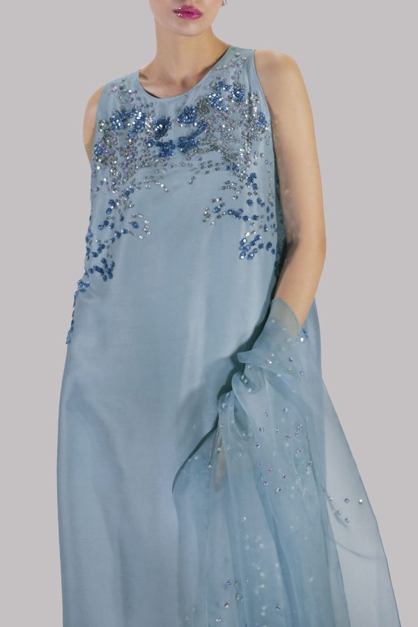 Porcelain Blue Embellished Raw Silk Maxi Set - Image 4