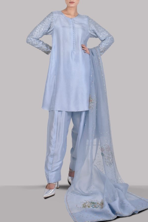 Cashmere Blue Embellished Raw Silk Set - Image 4