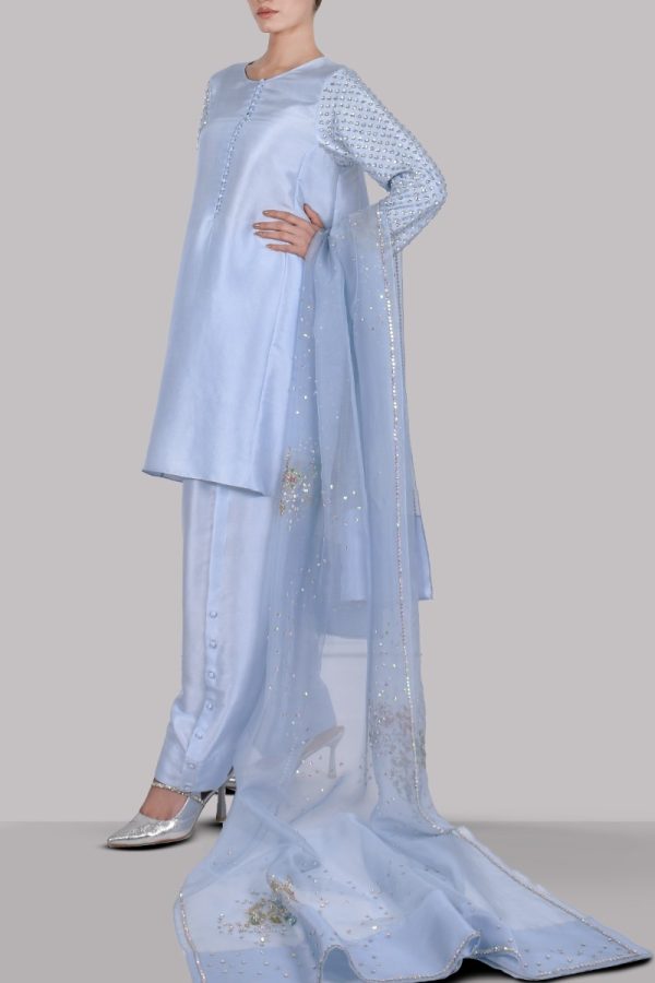 Cashmere Blue Embellished Raw Silk Set