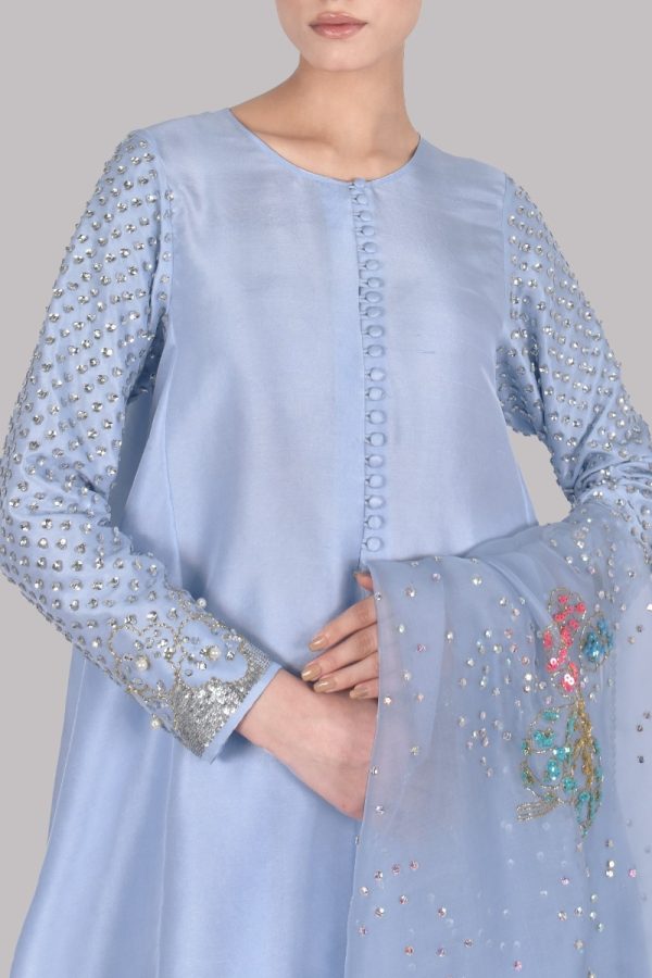 Cashmere Blue Embellished Raw Silk Set - Image 3