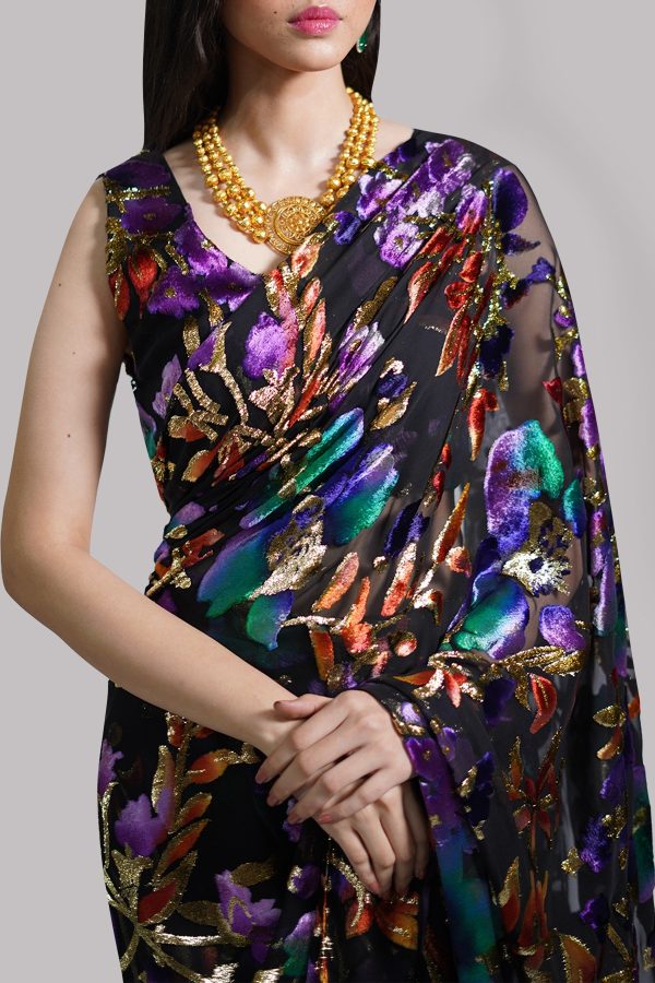 Black Italian Chiffon Sari - Image 4