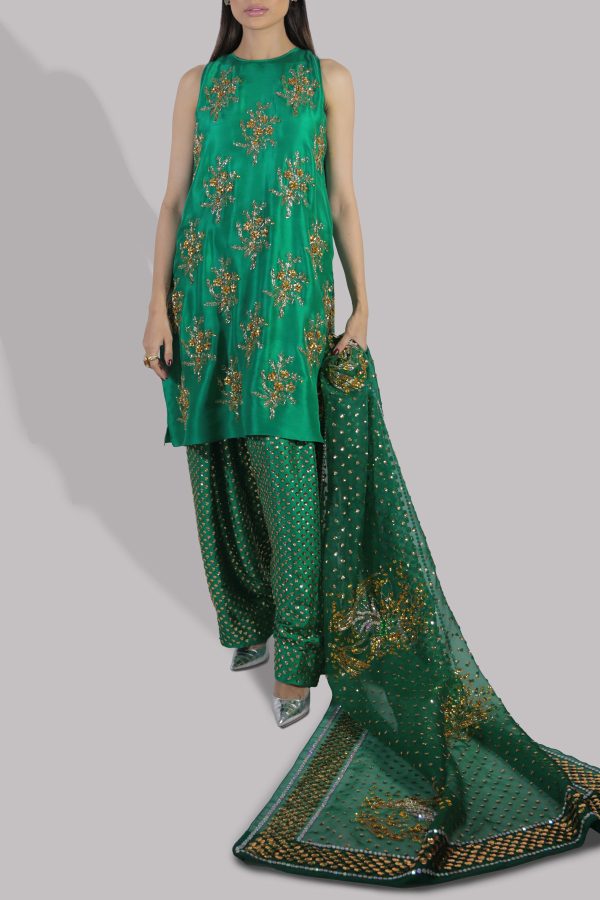 Emerald Green Embellished Raw Silk Set