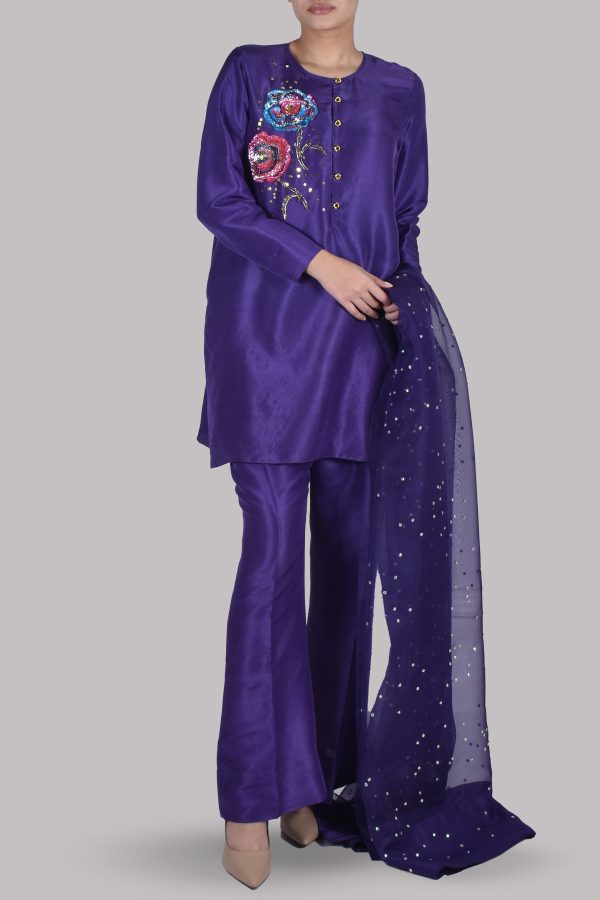 Deep Blue Purple Embellished Raw Silk Set