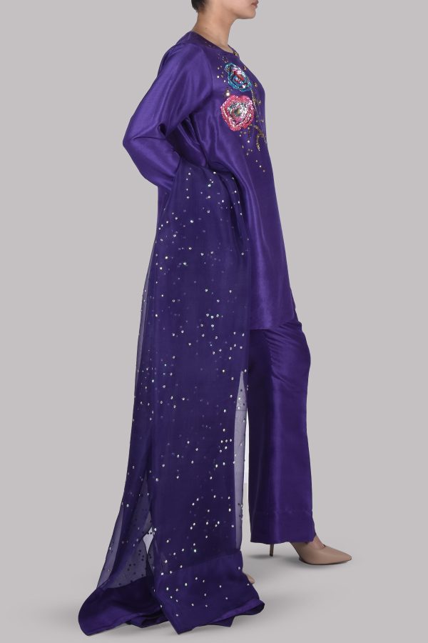 Deep Blue Purple Embellished Raw Silk Set - Image 2