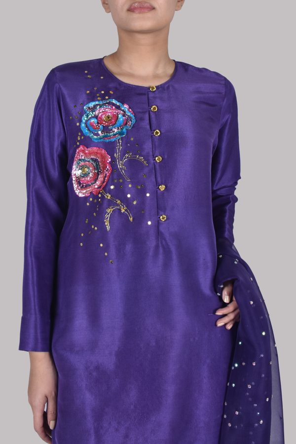 Deep Blue Purple Embellished Raw Silk Set - Image 4
