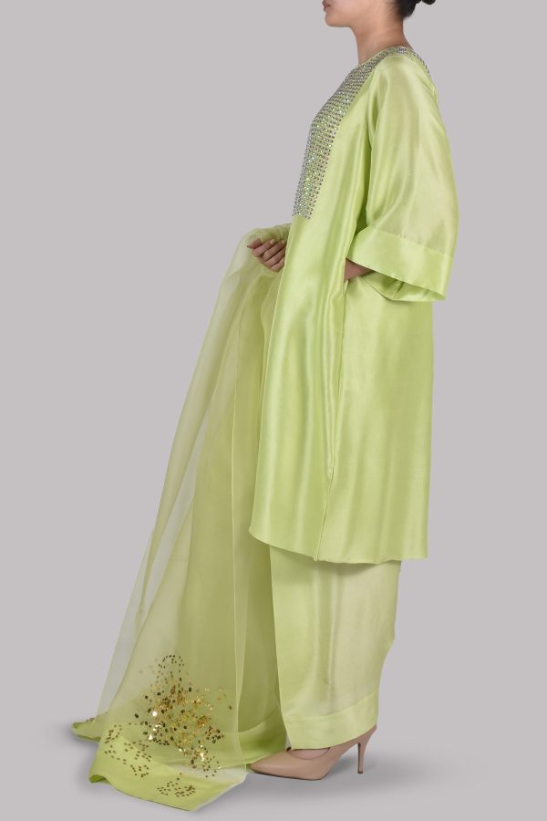 Lime Punch Embellished Raw Silk Set - Image 3