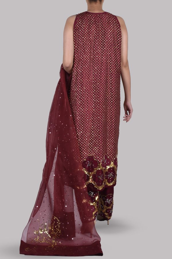 Tawny Port Burgundy Embellished Raw Silk Set - Image 2