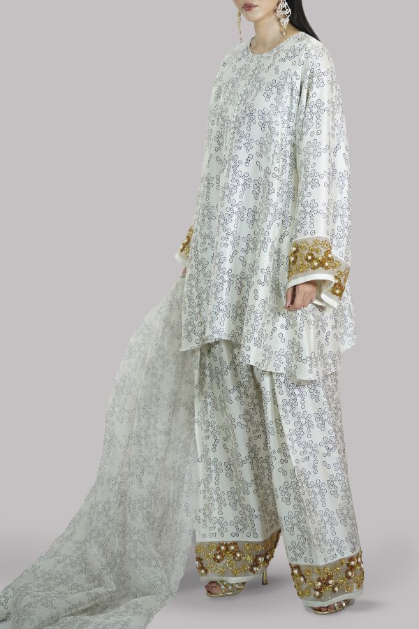 Egret Beige Block Printed and Embellished Raw Silk Set - Image 2