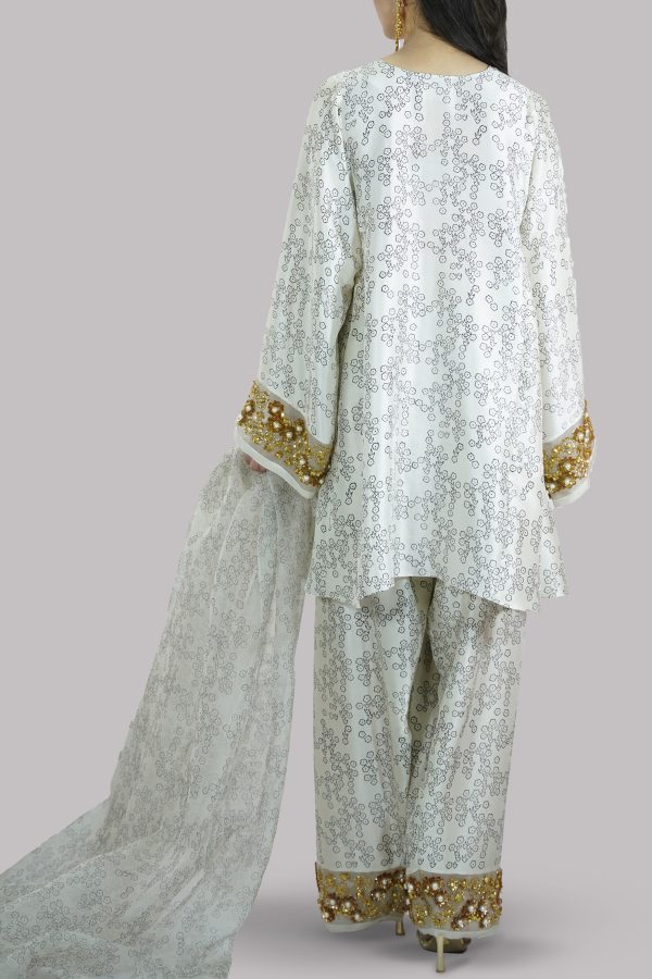 Egret Beige Block Printed and Embellished Raw Silk Set - Image 3