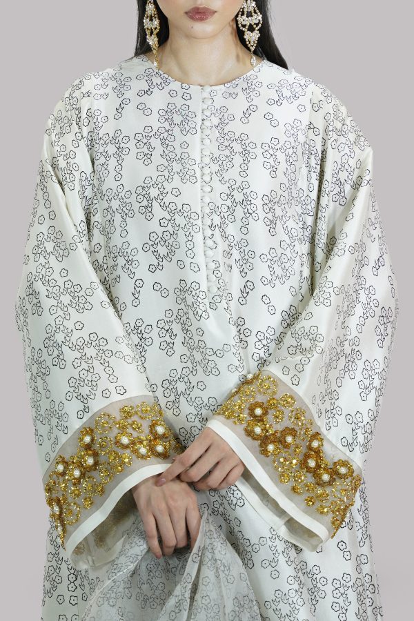 Egret Beige Block Printed and Embellished Raw Silk Set - Image 4