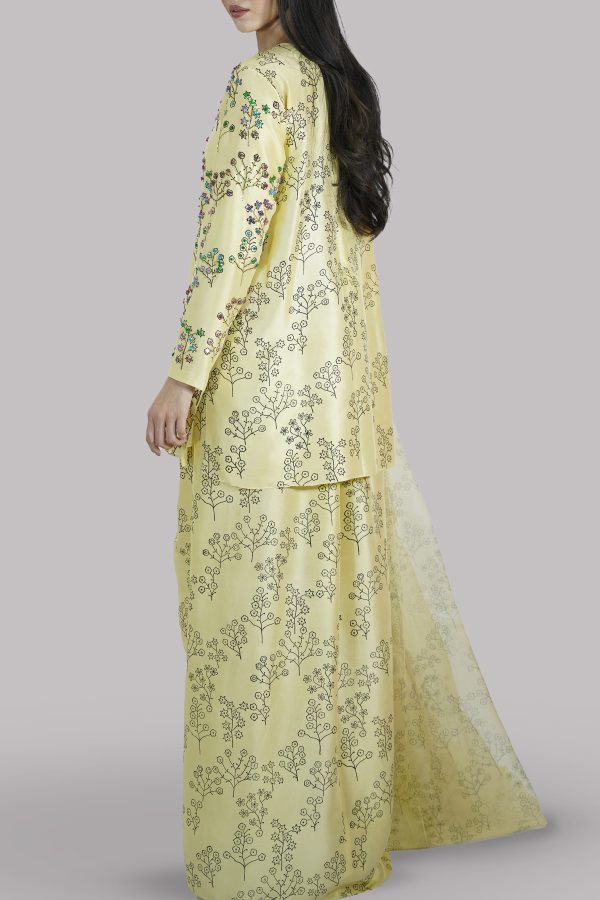 Pineapple Slice Yellow Block Printed Embellished Raw Silk Set - Image 3