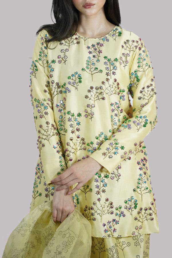 Pineapple Slice Yellow Block Printed Embellished Raw Silk Set - Image 4