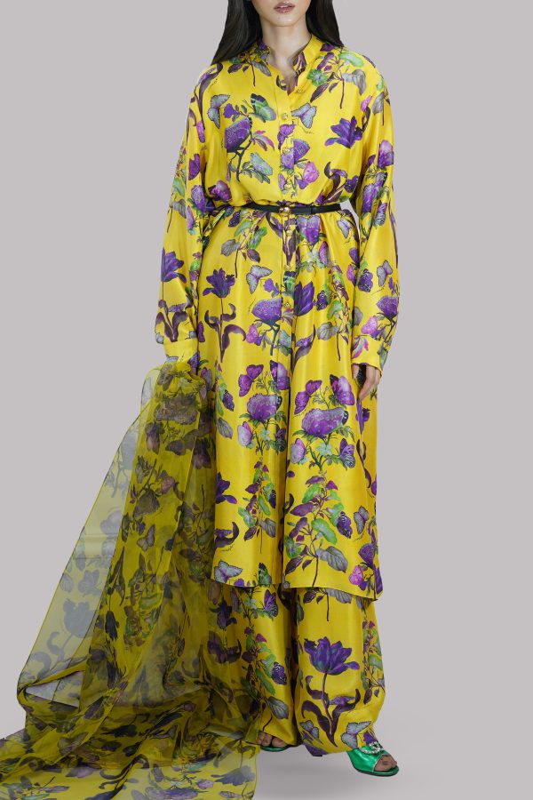 Quince Yellow Printed Raw Silk Set