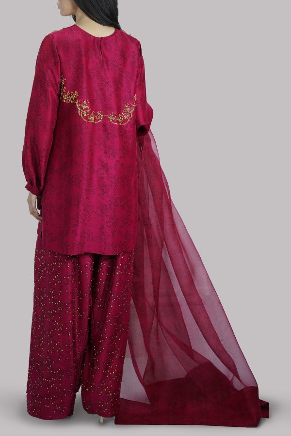 Tango Red Block Printed and Embellished Raw Silk Set - Image 3