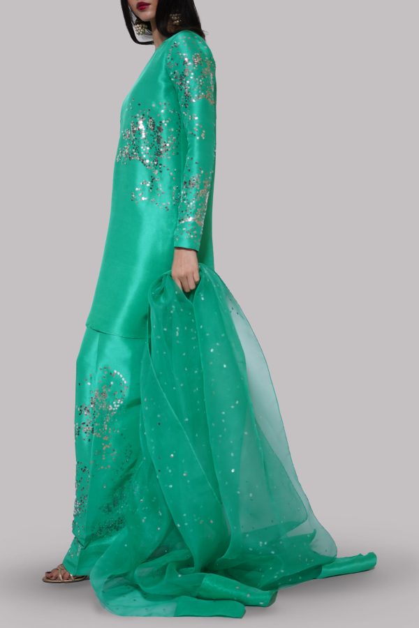 Mint Green Turquoise Embellished Raw Silk Set - Image 2