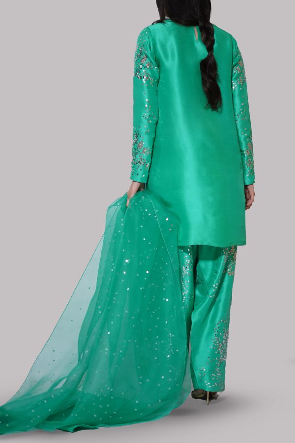 Mint Green Turquoise Embellished Raw Silk Set - Image 3
