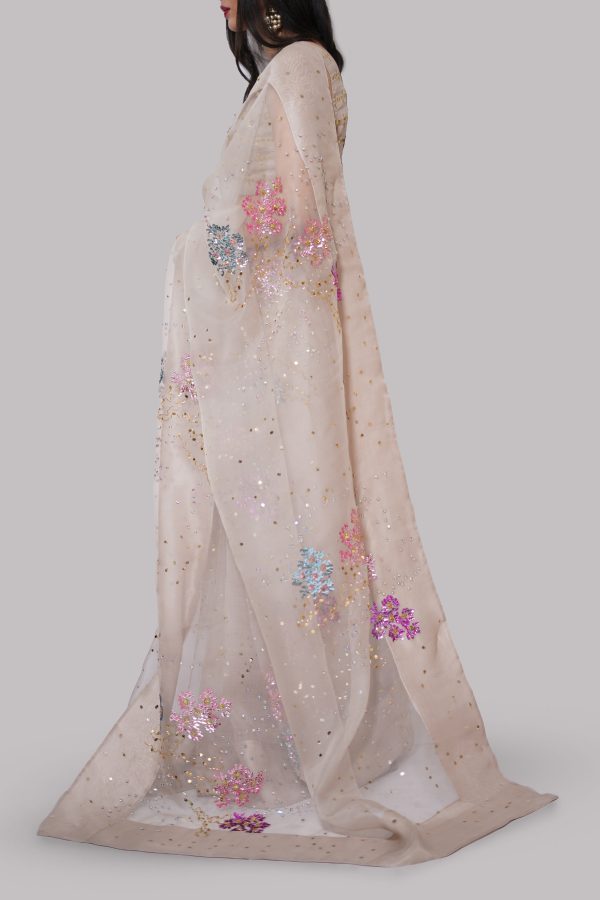 French Oak Embellished Organza Sari - Image 2