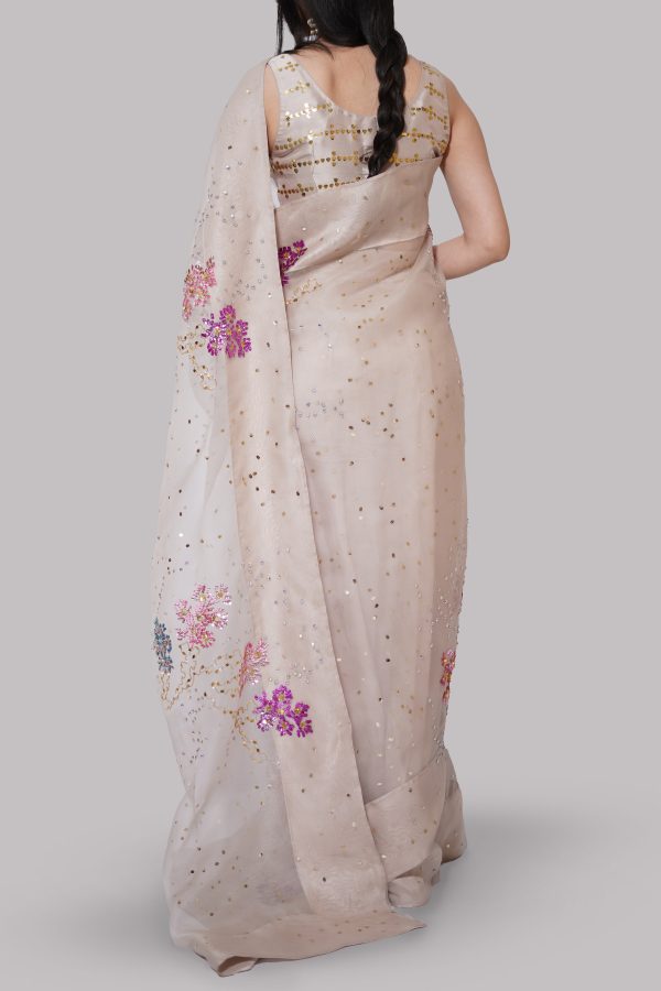 French Oak Embellished Organza Sari - Image 3