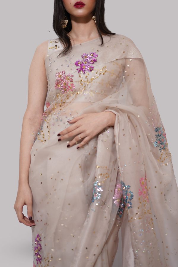 French Oak Embellished Organza Sari - Image 4