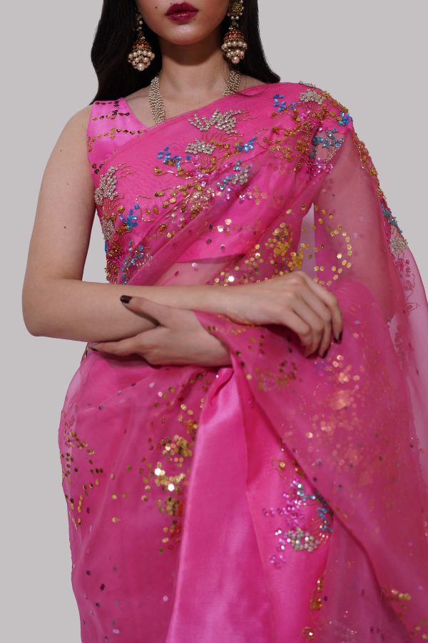 Hot Pink Embellished Organza Sari - Image 2
