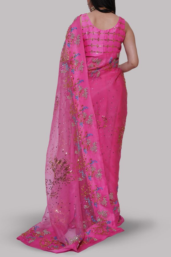 Hot Pink Embellished Organza Sari - Image 3
