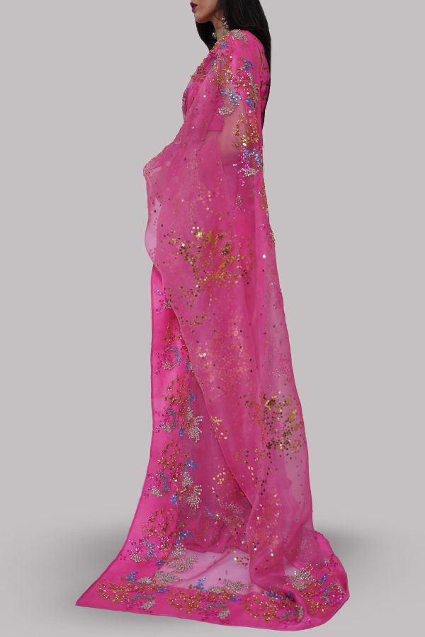 Hot Pink Embellished Organza Sari - Image 4