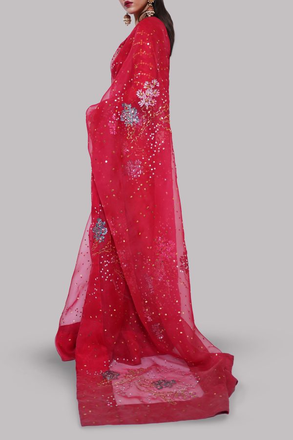 Toreador Red Embellished Organza Sari - Image 2