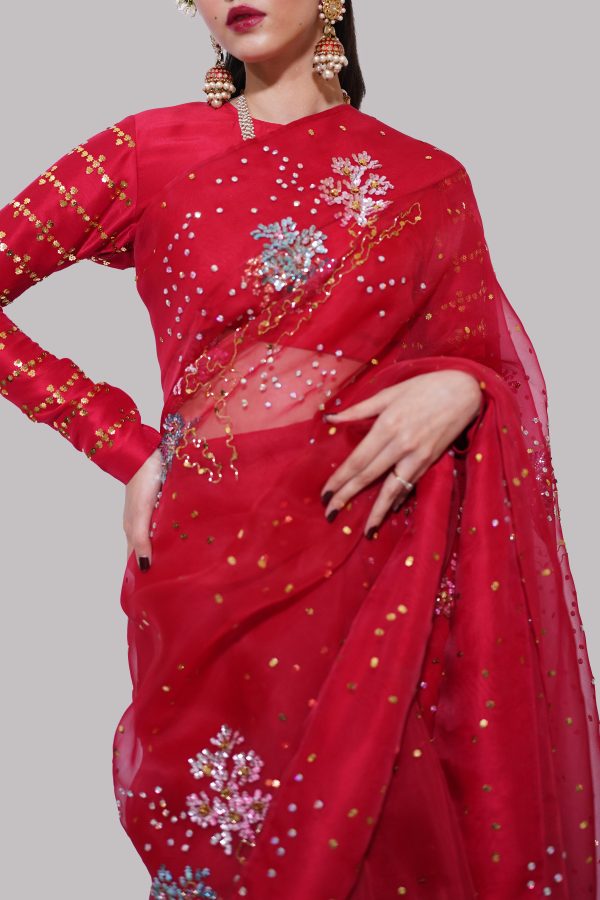 Toreador Red Embellished Organza Sari - Image 3