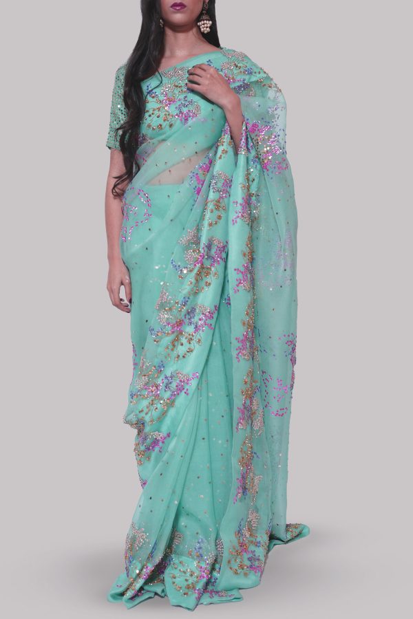 Leisure Time Cyan Embellished Organza Sari