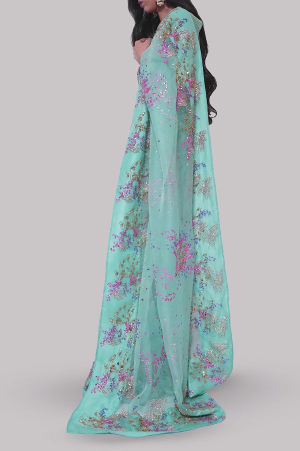 Leisure Time Cyan Embellished Organza Sari - Image 2
