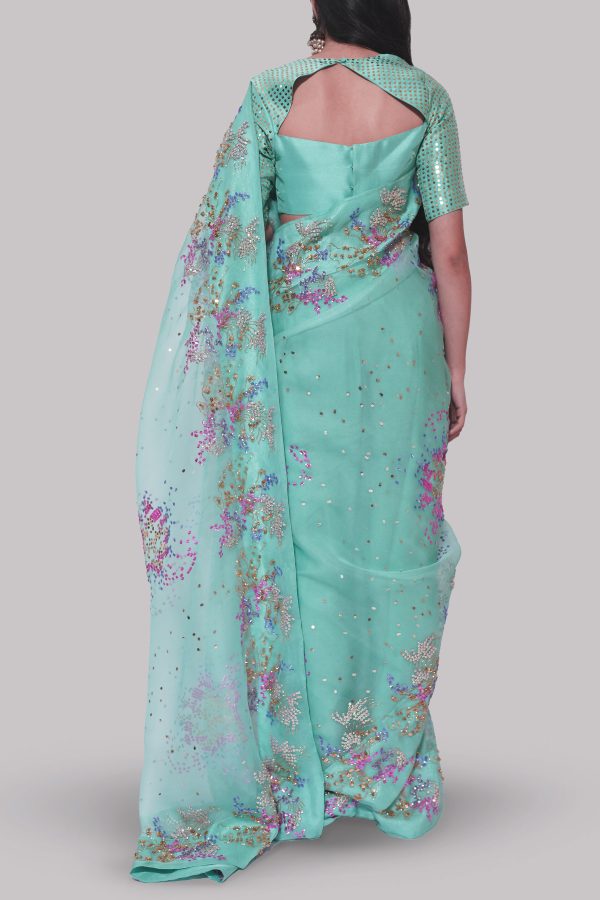 Leisure Time Cyan Embellished Organza Sari - Image 3