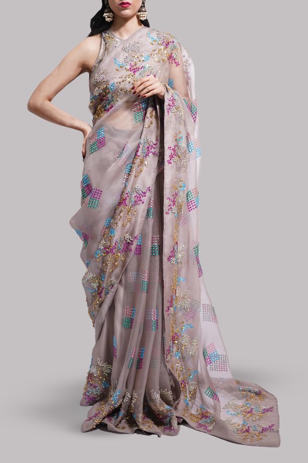 Simply Taupe Embellished Organza Sari