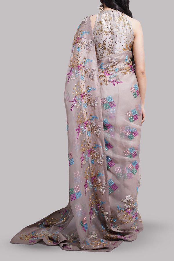 Simply Taupe Embellished Organza Sari - Image 2