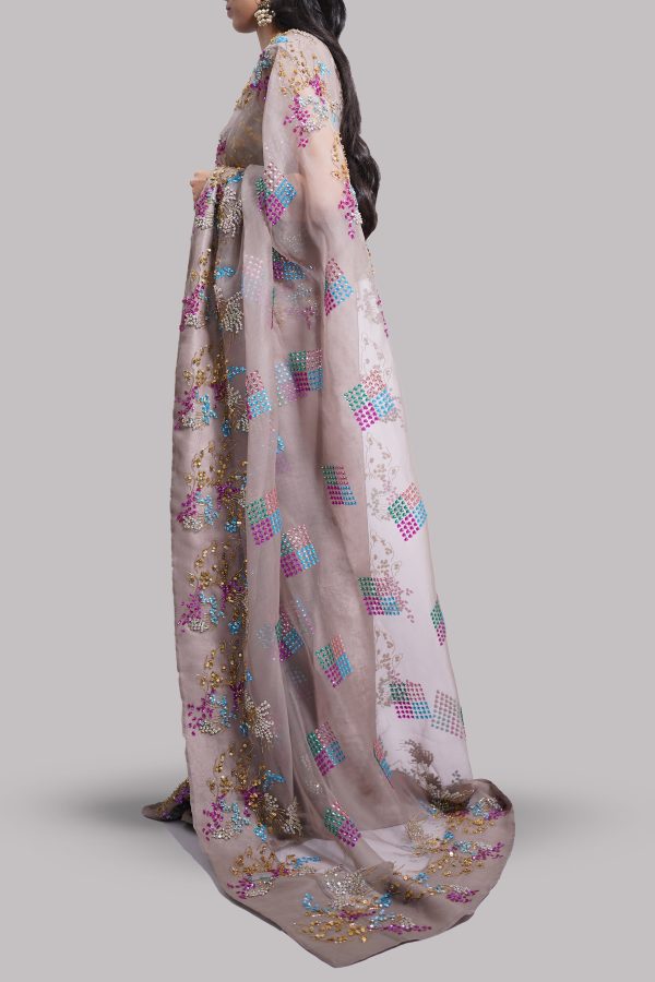 Simply Taupe Embellished Organza Sari - Image 3
