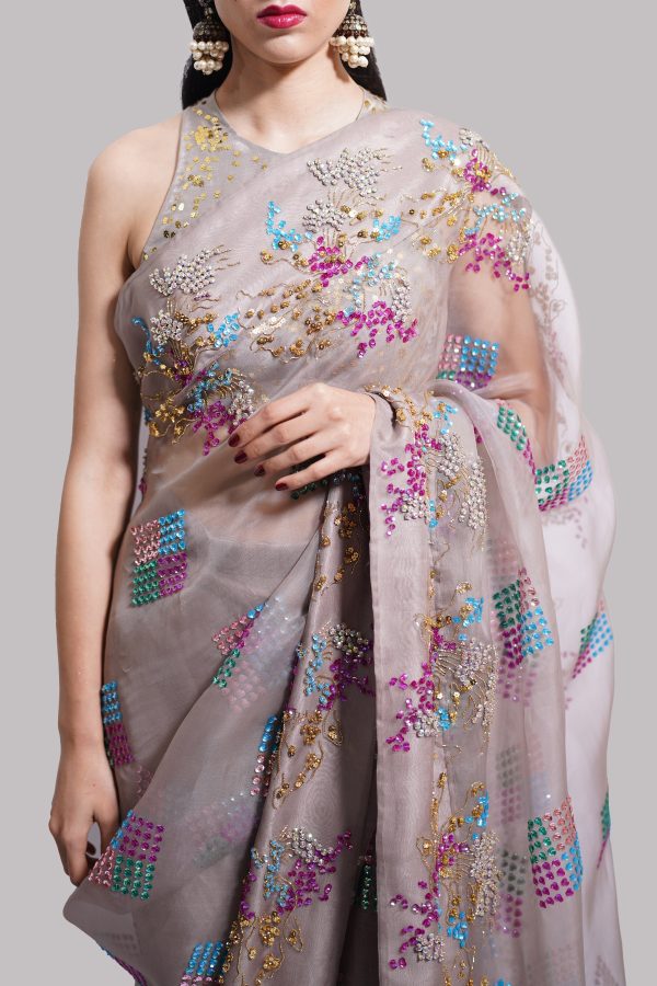 Simply Taupe Embellished Organza Sari - Image 4