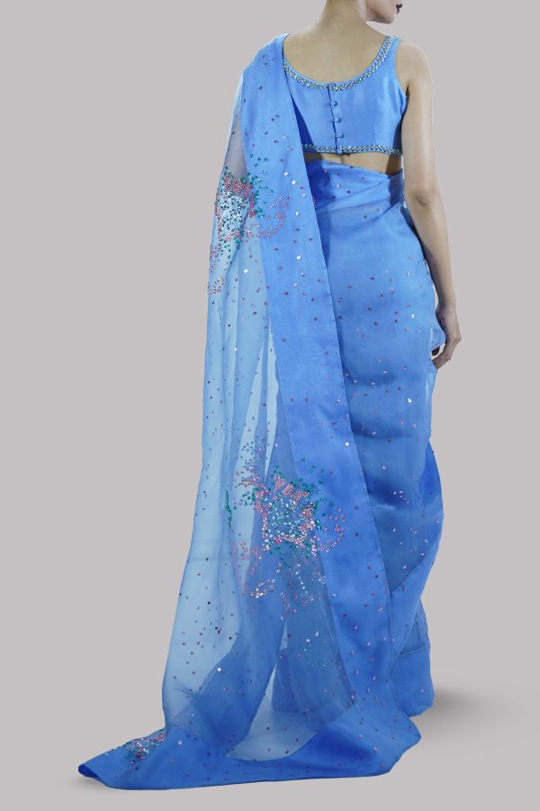 Cornflower Blue Embellished Organza Sari - Image 3
