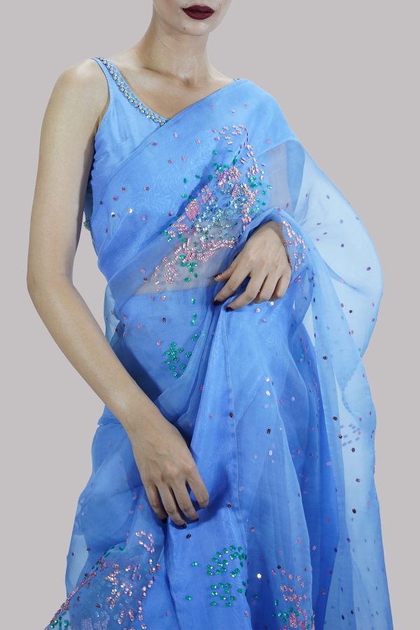 Cornflower Blue Embellished Organza Sari - Image 4