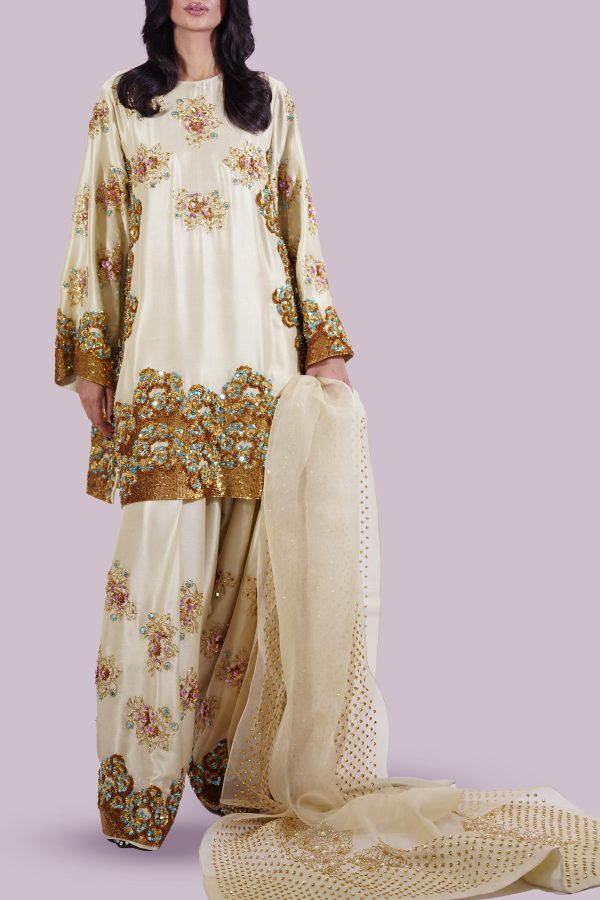 Lambs Wool Crème Embellished Raw Silk Set
