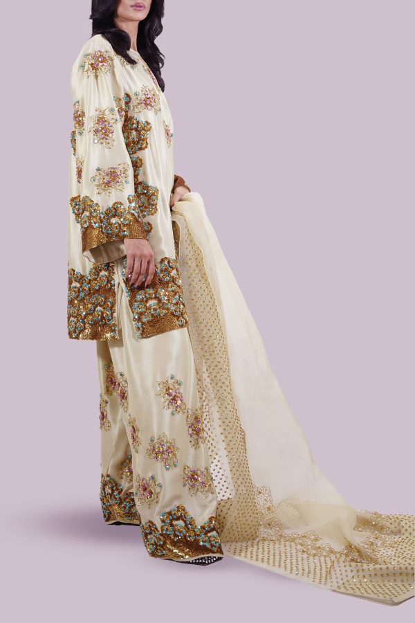Lambs Wool Crème Embellished Raw Silk Set - Image 2