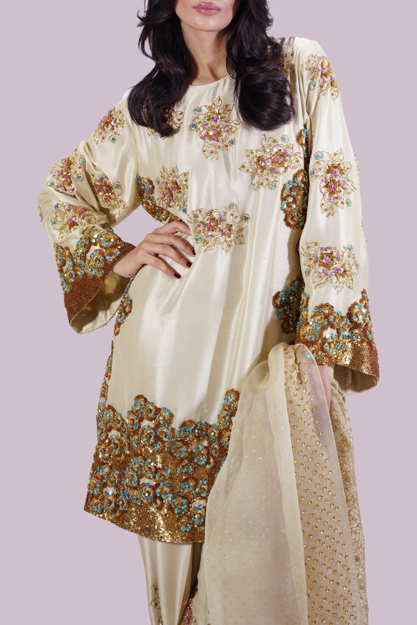 Lambs Wool Crème Embellished Raw Silk Set - Image 4