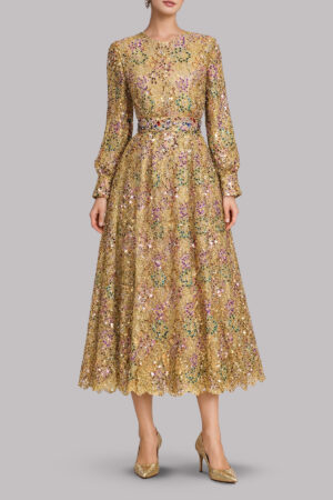 Metallic Gold French Lace Tiered Dress