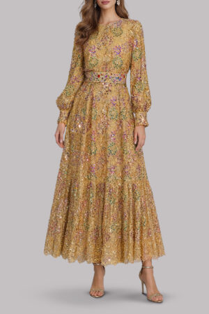 Metallic Gold French Lace Tiered Dress