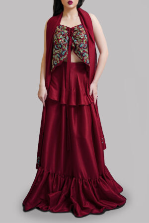 Rust Embellished Blouse Skirt Dupatta Set